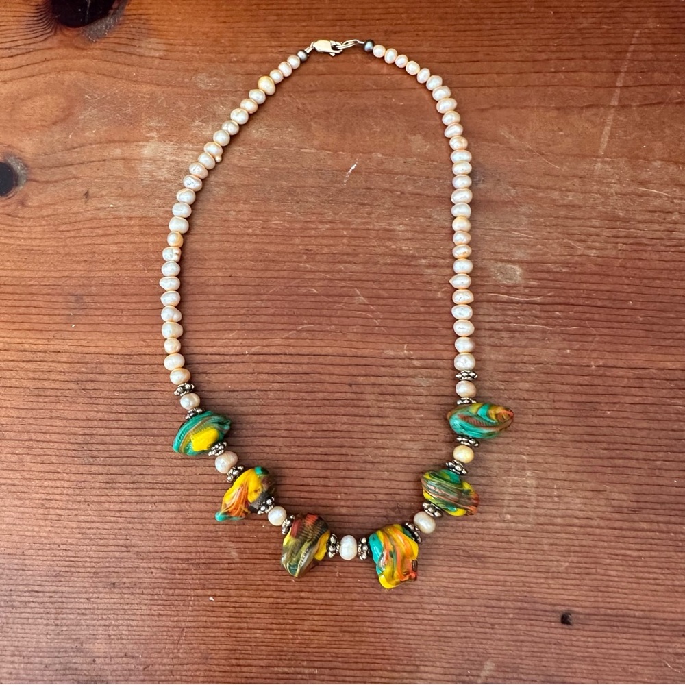Golden Pearl & Italian Colorful Glass Beads Short Necklace Handmade OOAK